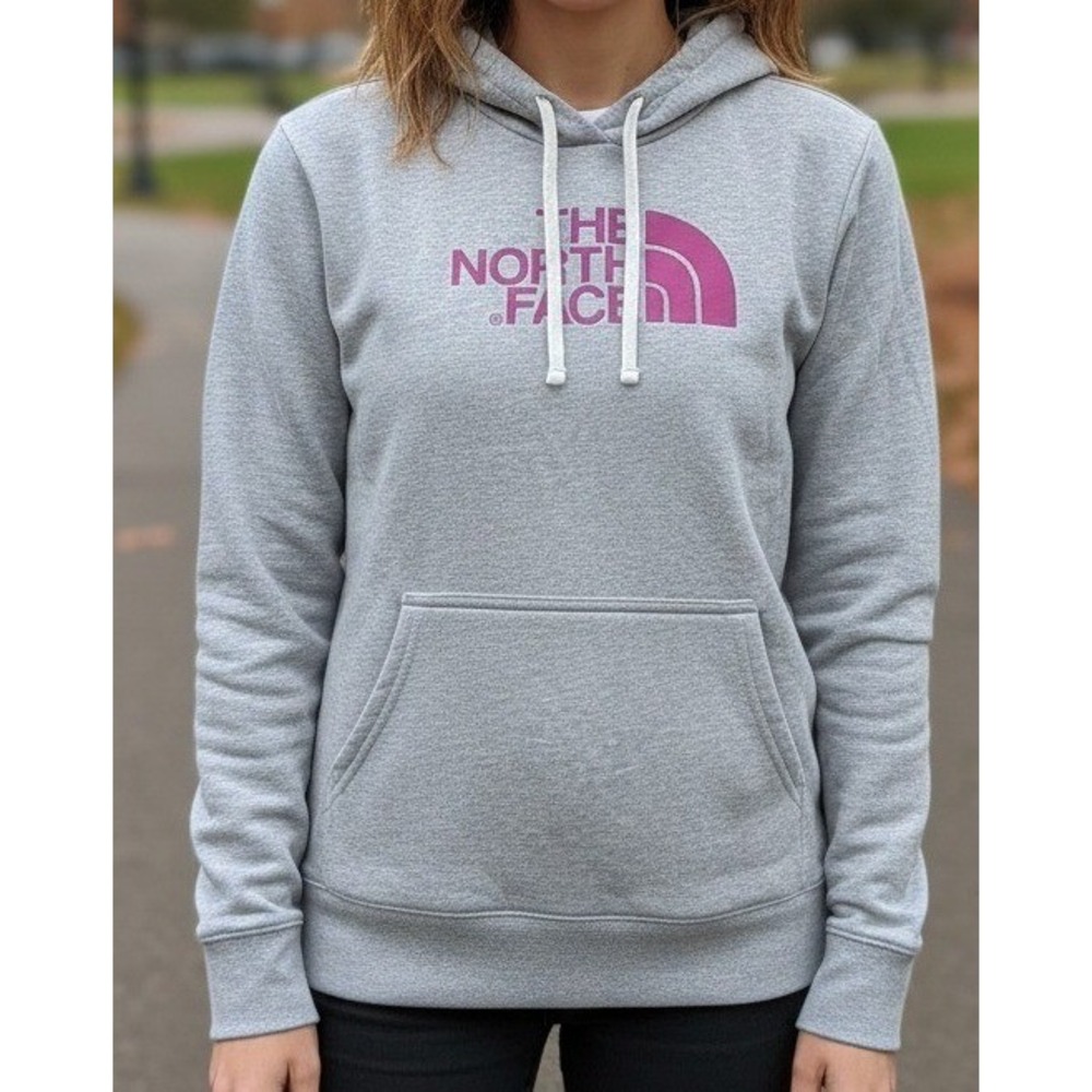The North Face Womens Gray Hoodie Sweatshirt Pink‎ Logo Pullover M M